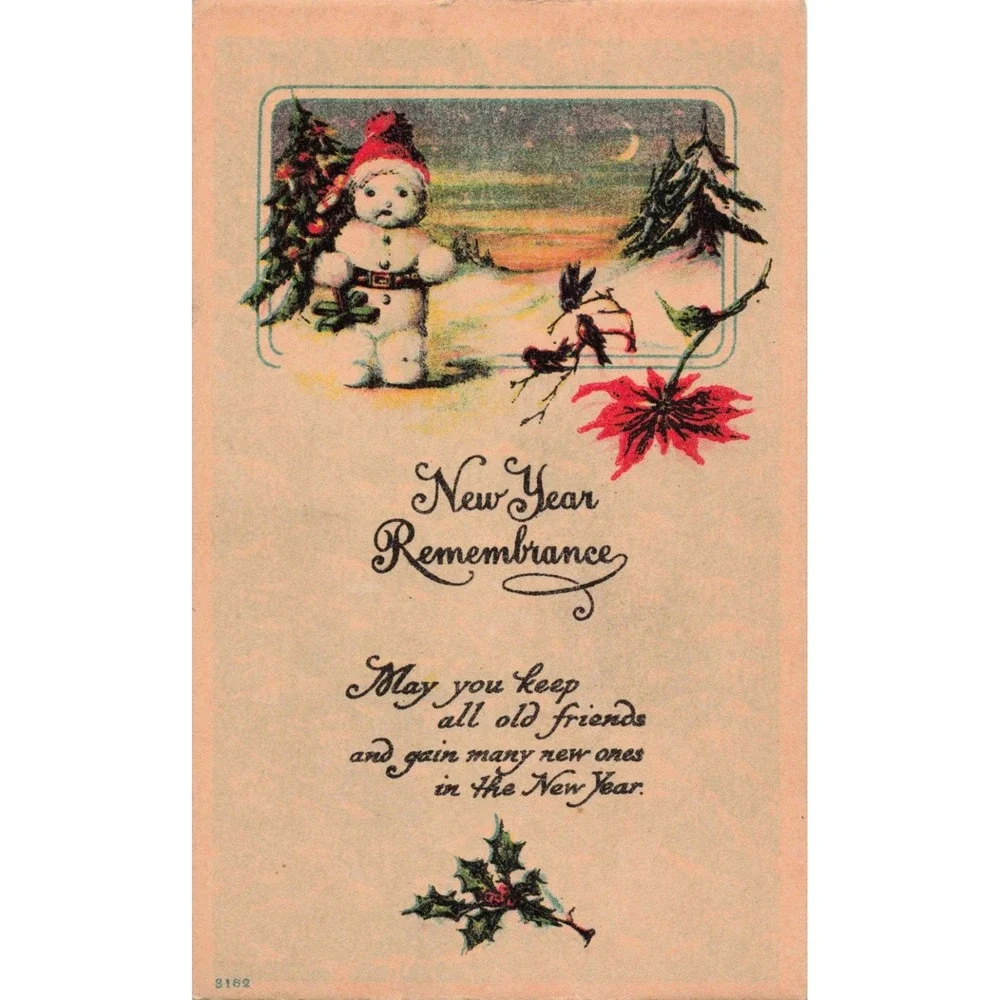 Vintage New Year Remembrance Postcard Snowman Winter Scene 3162 Made in USA